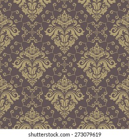Damask seamless pattern. Fine vector traditional fine ornament with oriental elements. Brown and golden colors