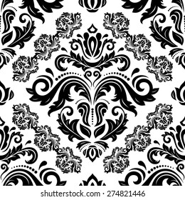 Damask seamless pattern. Fine vector traditional fine ornament with oriental elements. Black and white colors