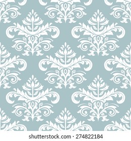 Damask seamless pattern. Fine vector traditional fine ornament with oriental elements. Blue and white colors