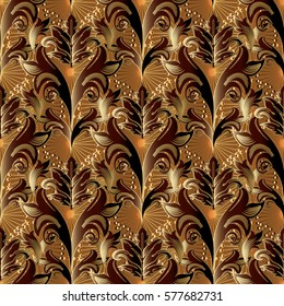 Damask seamless pattern. Floral  background wallpaper with 3d  vintage antique gold    leaves flowers and medieval ornaments in Baroque style. Vector flowery texture for fabric, textile, print.