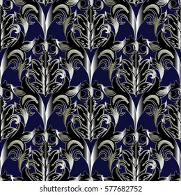 Damask seamless pattern. Floral  background wallpaper with 3d  vintage antique gold    leaves flowers and medieval ornaments in Baroque style. Vector flowery texture for fabric, textile, print.