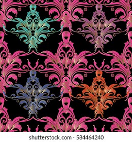 Damask seamless pattern. Floral background wallpaper illustration with antique decorative colorful leaves and ornaments in Baroque style. Vector luxury texture for fabric, textile.