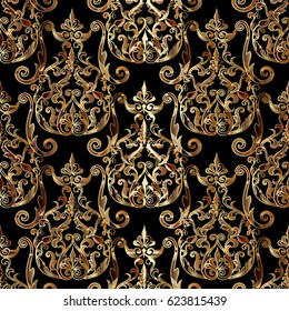 Damask seamless pattern. Floral  background wallpaper illustration with vintage 3d gold flowers, swirl scroll leaves and antique ornaments in baroque style. Vector texture for fabric, prints, textile.