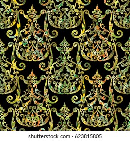 Damask seamless pattern. Floral  background wallpaper illustration with vintage 3d flowers, swirl scroll leaves and antique ornaments in baroque style. Vector texture for fabric, prints, textile.