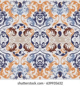 Damask seamless pattern. Floral  background wallpaper with vintage paisley flowers, swirl curve leaves and  tracery line art ornaments in Baroque Victorian style. Vector texture in pastel colors