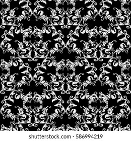 Damask seamless pattern. Floral  baroque wallpaper illustration with vintage flowers, leaves and antique white  ornaments on the black  background. Luxury vector texture for textile, fabric.