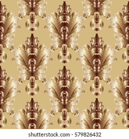 Damask seamless pattern. Floral beige background with gold 3d baroque ornaments. Antique vintage wallpaper. Luxury vector surface texture for fabric, textile, print.