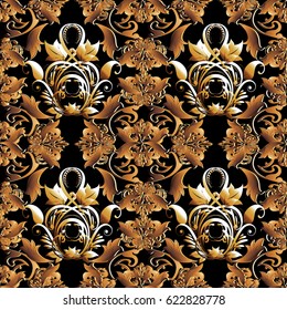 Damask seamless pattern. Floral black  background wallpaper illustration with vintage antique gold 3d paisley flowers, leaves  and baroque ornaments.Vector surface texture for prints, fabric, textile