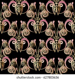 Damask seamless pattern. Floral black background wallpaper illustration with vintage  pink  3d swirl leaves, flowers and abstract modern surface ornaments.Vector texture for fabric, prints, textile