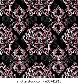 Damask seamless pattern. Floral black vector surface  background wallpaper illustration with vintage pink 3d flowers, swirl scroll leaves  and antique medieval  ornaments in Baroque Victorian style.