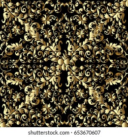 Damask seamless pattern. Floral black background wallpaper illustration with antique decorative gold  flowers, scroll leaves and vintage ornaments in Baroque style. Vector luxury fabric texture.