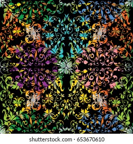 Damask seamless pattern. Floral black background wallpaper illustration with antique decorative colorful  flowers, scroll leaves and vintage ornaments in Baroque style. Vector luxury  fabric texture.