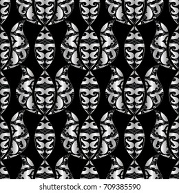 Damask seamless pattern. Floral black background with white hand drawn flowers, scroll leaves and antique ornaments in baroque style. Vector isolated texture.