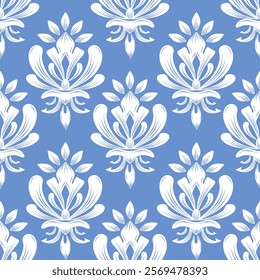 Damask seamless pattern with floral, blue and white, vector illustration elegant for textile, decoration, interior, wall paper, bedding, curtain, rug, vintage