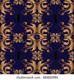 Damask seamless pattern. Floral blue background wallpaper with 3d  gold vintage decorative flowers leaves and baroque ornaments. Floral grunge texture with effect of embroidery.