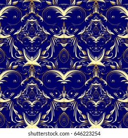 Damask seamless pattern. Floral blue  background wallpaper illustration with vintage antique flowers, swirl curve leaves and antique gold 3d ornaments in Baroque Victorian style. Vector fabric texture