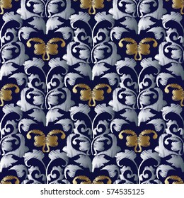 Damask seamless pattern. Floral dark blue background with antique gold and silver 3d baroque ornaments with effect of embroidery. Vector luxury vintage  texture  for wallpapers, textile. fabric. 