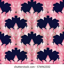 Damask seamless pattern. Floral dark blue background wallpaper with vintage antique pink 3d leaves and ornaments in Baroque style. Vector flowery surface texture for fabric, textile, print.