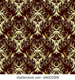 Damask seamless pattern. Floral dark red  background wallpaper illustration with vintage antique flowers, swirl  leaves and antique gold 3d ornaments in Baroque Victorian style. Vector fabric texture.