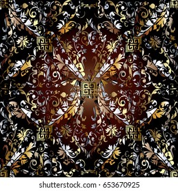 Damask seamless pattern. Floral dark background wallpaper illustration with antique decorative gold  flowers, scroll leaves and vintage ornaments in Baroque style. Vector fabric texture.