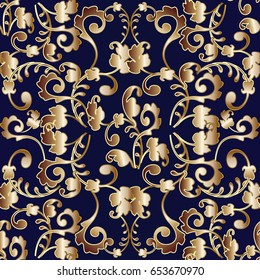 Damask seamless pattern. Floral dark blue background wallpaper illustration with antique decorative gold  flowers, scroll leaves and vintage ornaments in Baroque style. Vector luxury fabric texture.