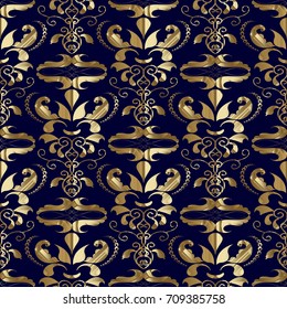 Damask seamless pattern. Floral dark blue background with gold hand drawn flowers, scroll leaves and antique ornaments in baroque style. Vector luxury endless texture.
