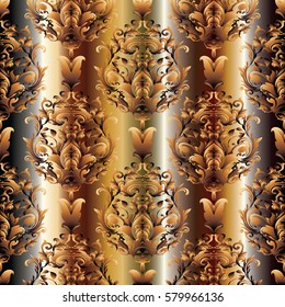 Damask seamless pattern. Floral drapery background with gold 3d baroque ornaments, scroll leaves and flowers. Antique vintage wallpaper. Luxury vector surface texture for fabric, textile, print.