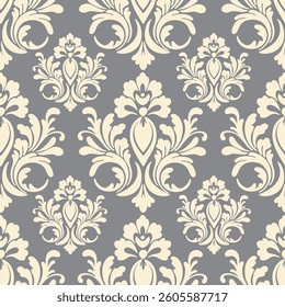 Damask seamless pattern with floral elements, Gray color background, vector illustration elegant for textile design, wall paper, bedding, curtains, cushion, scarf, rug, vintage, luxury, Victorian