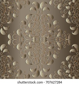 Damask seamless pattern. Floral gold vector background with vintage hand drawn scroll swirl flowers, leaves and antique ornaments in baroque style. Surface monochrome texture for fabrics, wallpapers