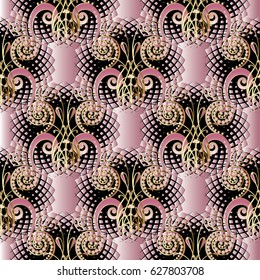 Damask seamless pattern. Floral light pink background wallpaper illustration with vintage  swirl leaves,3d  flowers and abstract modern surface ornaments.Vector texture for fabric, prints, textile