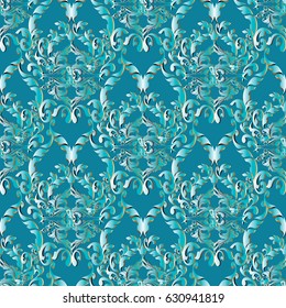 Damask seamless pattern. Floral light blue vector surface  background wallpaper illustration with vintage  3d flowers, swirl scroll leaves  and antique medieval  ornaments in Baroque Victorian style.