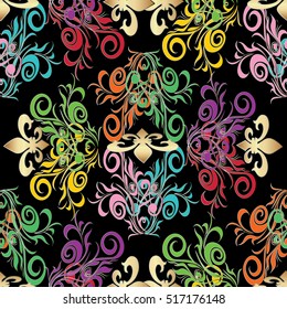 Damask seamless pattern. Floral ornamental  background. Flowers wallpaper. Colorful  flourish  ornament. Black elegant backdrop. Endless luxury texture.