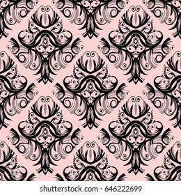 Damask seamless pattern. Floral pink background wallpaper illustration with vintage antique black flowers, swirl  leaves and antique ornaments in Baroque Victorian style. Vector fabric texture