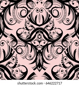 Damask seamless pattern. Floral pink background wallpaper illustration with vintage antique black flowers, swirl  leaves and antique ornaments in Baroque Victorian style. Vector fabric texture