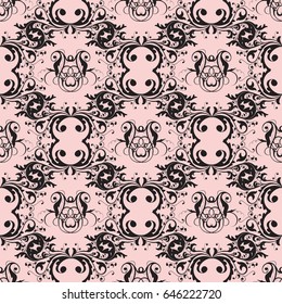 Damask seamless pattern. Floral pink background wallpaper illustration with vintage antique black flowers, swirl  leaves and antique ornaments in Baroque Victorian style. Vector fabric texture.