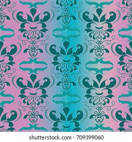 Damask seamless pattern. Floral pink blue gradient background with  hand drawn decorative flowers, scroll leaves and antique ornaments in baroque style. Vector luxury texture.