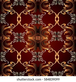 Damask seamless pattern. Floral red background wallpaper with 3d gold vintage decorative flowers leaves and baroque ornaments. Floral grunge texture with effect of embroidery.