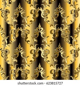 Damask seamless pattern. Floral striped background wallpaper with vintage gold 3d flowers, swirl scroll leaves and antique ornaments in Baroque style. Vector texture for fabric, prints, textile.