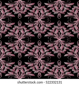 Damask seamless pattern. Floral vector background wallpaper illustration with pink 3d vintage decorative  flowers leaves and ornaments. Flowers grunge texture with effect of embroidery. 
