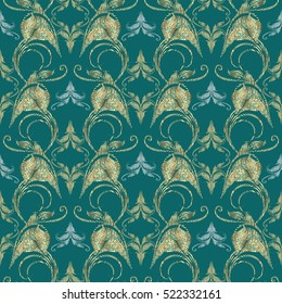 Damask seamless pattern. Floral vector background wallpaper illustration with 3d gold vintage decorative  flowers leaves and ornaments. Flowery grunge texture with effect of embroidery. 