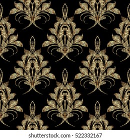 Damask seamless pattern. Floral vector black background wallpaper with 3d gold vintage decorative baroque damask flowers leaves and ornaments. Floral grunge texture with effect of embroidery. 