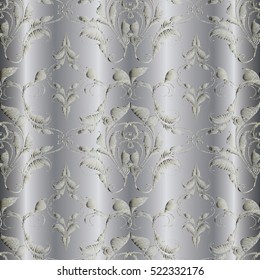 Damask seamless pattern. Floral vector light background wallpaper with 3d vintage decorative  damask flowers leaves and flowers ornaments. Floral grunge texture with effect of embroidery. 