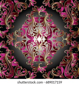 Damask seamless pattern. Floral vintage background wallpaper illustration with red 3d flowers, swirl leaves and antique ornaments in Baroque Victorian style. Vector luxury texture.