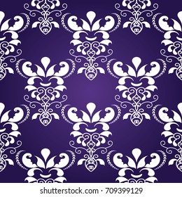 Damask seamless pattern. Floral violet background with white hand drawn flowers, scroll leaves and antique ornaments in baroque style. Vector luxury texture.