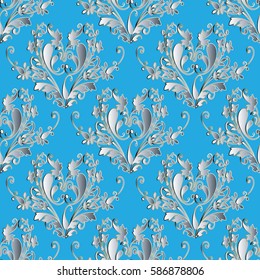 Damask seamless pattern. Floral  wallpaper illustration with gold vintage 3d paisley flowers, leaves and antique line art ornaments on the blue  background. Luxury vector texture for textile, fabric.