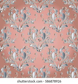 Damask seamless pattern. Floral  wallpaper illustration with silver vintage 3d paisley flowers, leaves and antique line art ornaments on a light  background. Luxury vector texture for textile, fabric