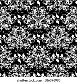 Damask  seamless pattern. Floral  wallpaper illustration with white vintage paisley flowers, leaves and antique baroque ornaments on the black  background. Luxury vector texture for textile, fabric.