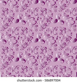 Damask  seamless pattern. Floral  wallpaper illustration with  3d vintage paisley flowers, leaves and antique baroque ornaments on the lilac  background. Luxury vector texture for textile, fabric.