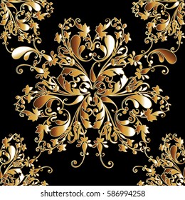 Damask  seamless pattern. Floral  wallpaper illustration with gold 3d vintage paisley flowers, leaves and antique baroque ornaments on the black  background. Luxury vector texture for textile, fabric.