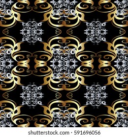 Damask seamless pattern. Floral  wallpaper illustration with vintage paisley flowers, leaves and antique gold 3d ornaments on the black  background. Luxury vector isolated  texture for fabric, textile